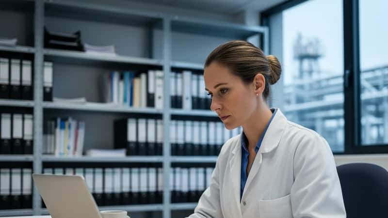 Responsable RH en blouse blanche dans un bureau d'usine chimique à Lille consultant des documents de droit du travail sur ordinateur