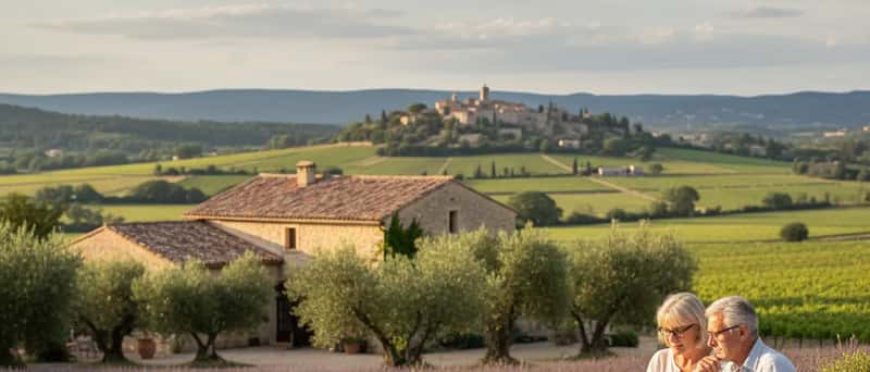 Australian couple in their 60s reviewing financial planning documents at their kitchen table in natural light