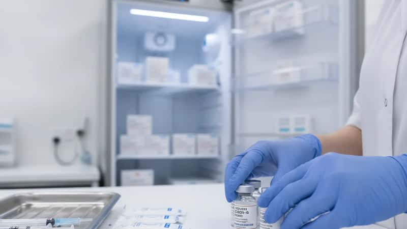 Pharmacienne en blouse blanche organisant des flacons de vaccins sur un comptoir dans une officine à Grenoble