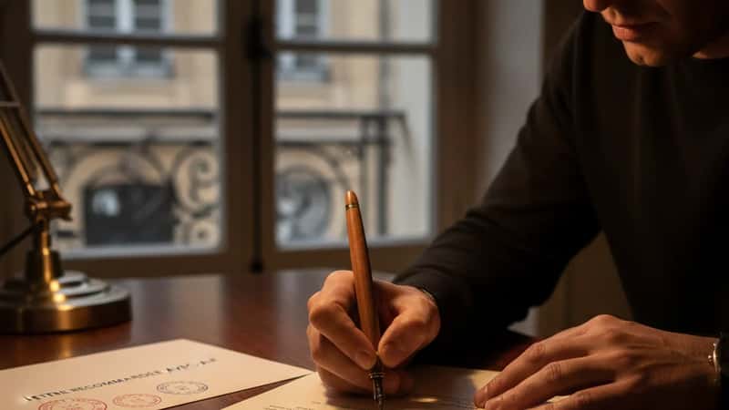 Mains rédigeant une lettre recommandée officielle sur un bureau en bois à Bordeaux, stylo plume et enveloppe administrative visible, lumière de bureau tamisée