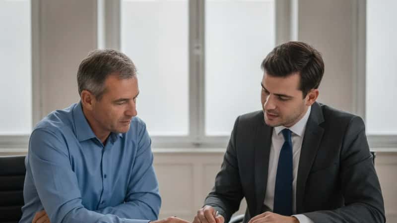 Homme consultant un avocat spécialisé en droit de l'urbanisme à Strasbourg, documents officiels sur un bureau en verre, lumière naturelle de bureau