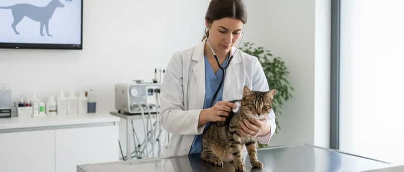 Veterinária a examinar um gato num consultório moderno com equipamento clínico