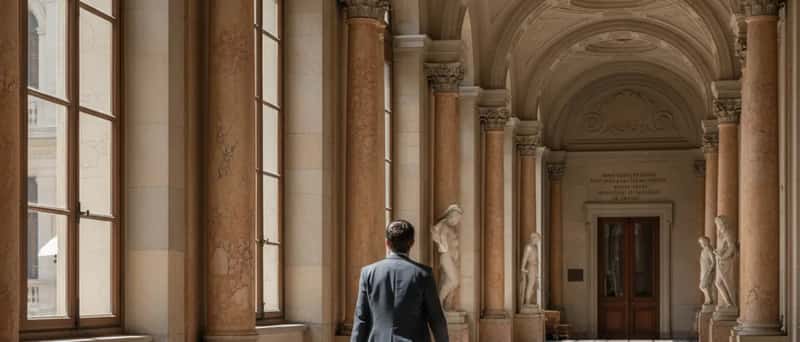 Corridoio di un tribunale italiano con colonne in marmo e luce naturale dalle finestre ad arco