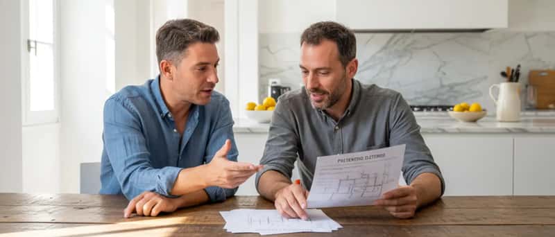 Proprietario e elettricista che esaminano un preventivo scritto al tavolo di una cucina in un appartamento italiano