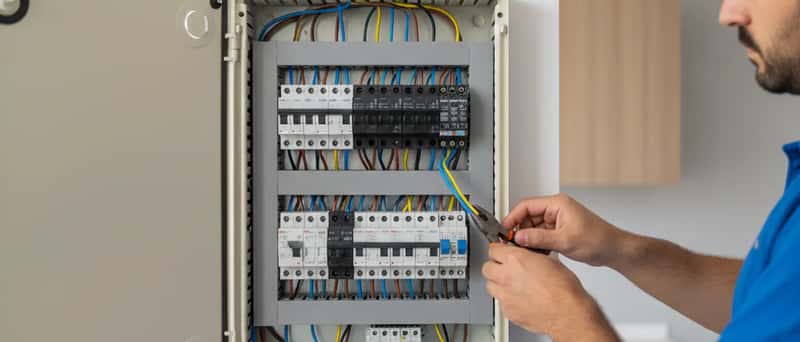 Quadro elettrico residenziale aperto con interruttori differenziali durante una ristrutturazione in Italia