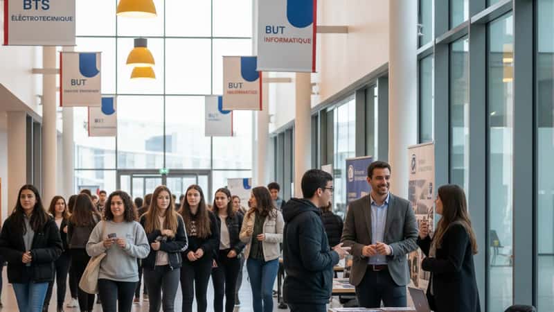 Journée portes ouvertes dans une université française — lycéens explorant les filières BTS et BUT disponibles