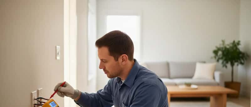 Electrician testing a wall outlet with a multimeter in a Canadian home