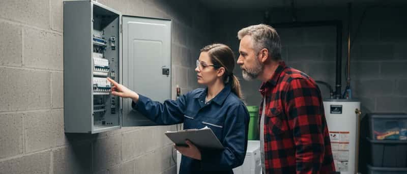 Licensed electrician explaining a circuit panel to a homeowner in a Canadian basement