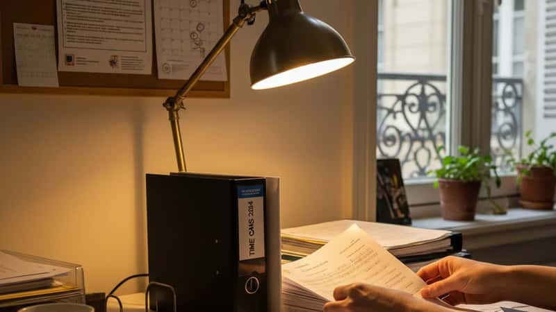 HR manager in Baltimore sorting through pay stubs and time records during a wage audit