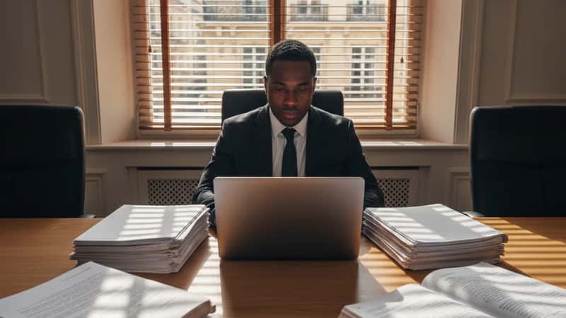 Maryland employment attorney reviewing overtime case files in an Annapolis conference room