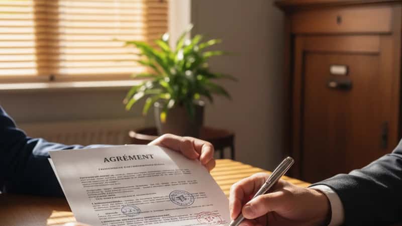 Deux professionnels français signant un accord de partage de la valeur dans un bureau toulousain, mains sur des documents officiels, lumière naturelle