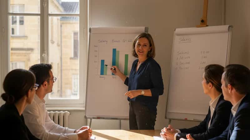 Dirigeante d'une PME française présentant les chiffres de partage de la valeur à ses salariés sur un tableau blanc dans un bureau de Bordeaux