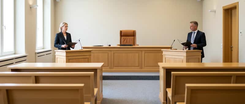 Zittingszaal van een Nederlandse kantonrechter met houten bank en twee advocaten