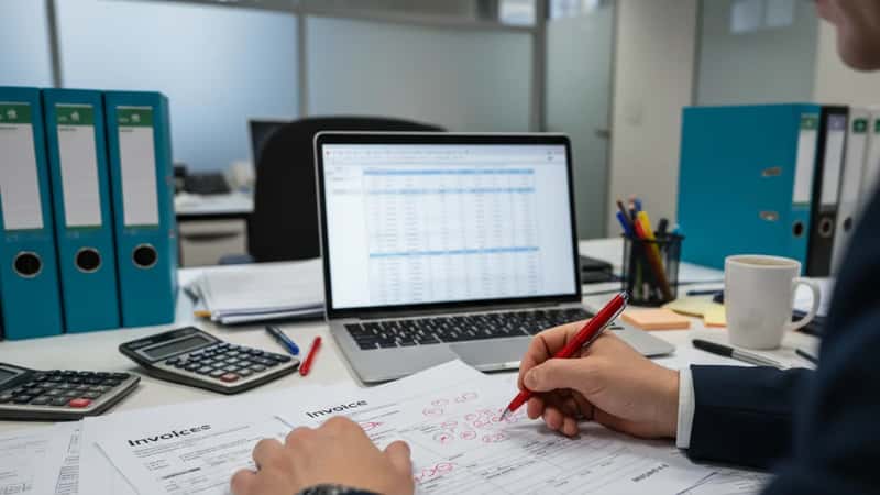 Deux professionnels français comparant des logiciels de facturation dans un cabinet comptable de Lyon