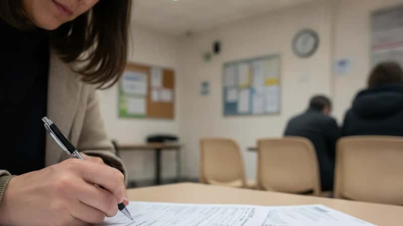 Femme remplissant le formulaire Cerfa de demande d'aide juridictionnelle dans une salle d'attente en Lyon