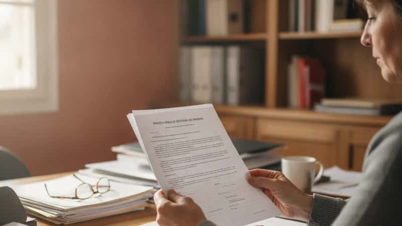 Mains tenant un procès-verbal de réception des travaux sur un bureau en bois dans un bureau toulousain, documents de chantier étalés