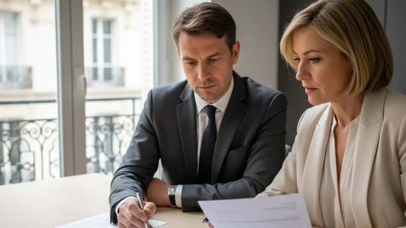 Deux professionnels français en réunion RH dans un bureau parisien, révisant une grille salariale et un contrat de travail