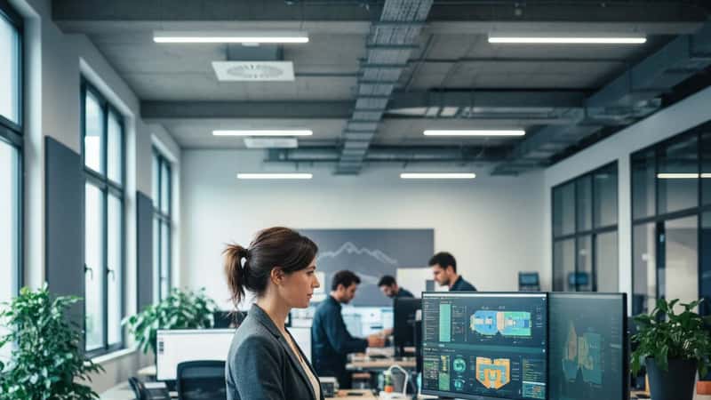 Ingénieure française en télétravail dans un bureau de facility management à Grenoble, travaillant sur des tableaux de bord de monitoring énergétique
