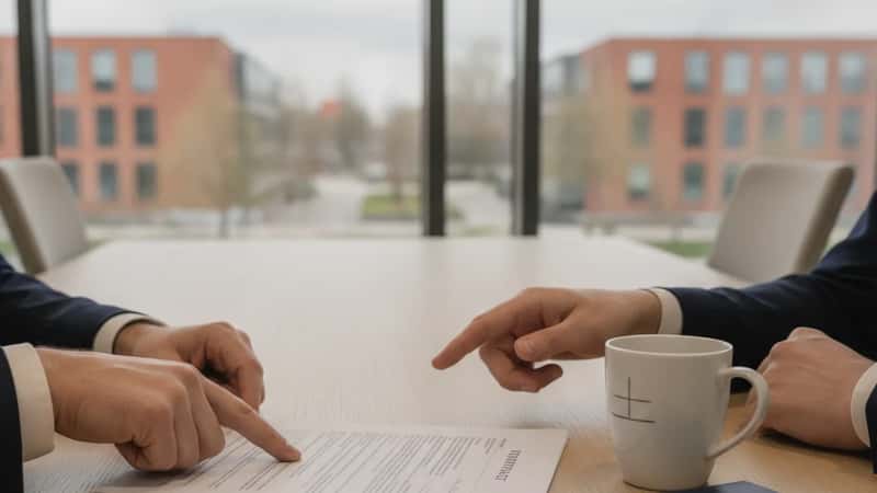 Nederlandse werkneemster bestudeert arbeidscontract documenten op vergadertafel in Eindhoven kantoor