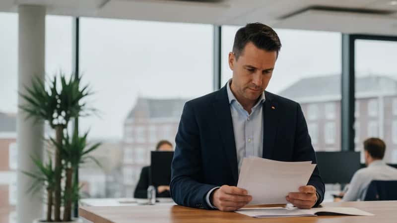 Nederlandse werknemer in Utrecht kantoor bestudeert documenten aan staand bureau, moderne kantooromgeving met groot raam