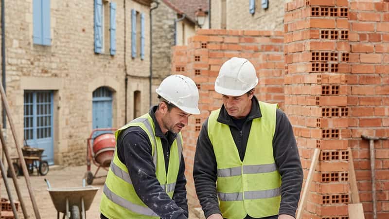 Deux ouvriers du bâtiment français discutant d'un plan de chantier sur une table pliante en extérieur