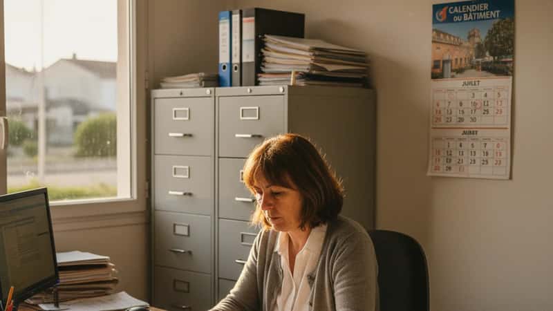 Bureau d'une petite entreprise du bâtiment à Marseille, administratrice française révisant des bulletins de paie