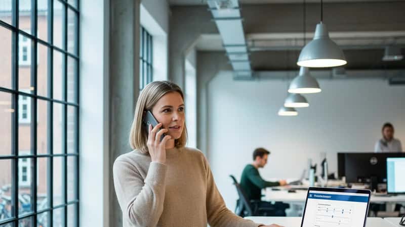 HR-chef i Aarhus ved stå-skrivebord med pensionsberegner åben på laptop koordinerer pensionsadministration via telefon