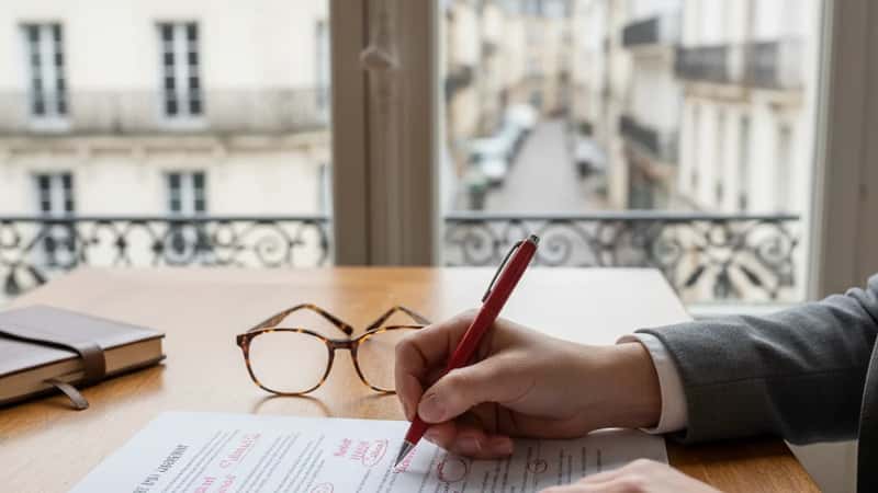 Employment attorney in Portsmouth New Hampshire law office annotating non-compete clause in red pen with reading glasses on document