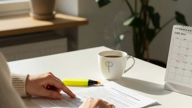 Dansk kontorfunktionær gennemgår overenskomstdokumenter og feriekalender på et minimalistisk skrivebord i et kontor i Aarhus