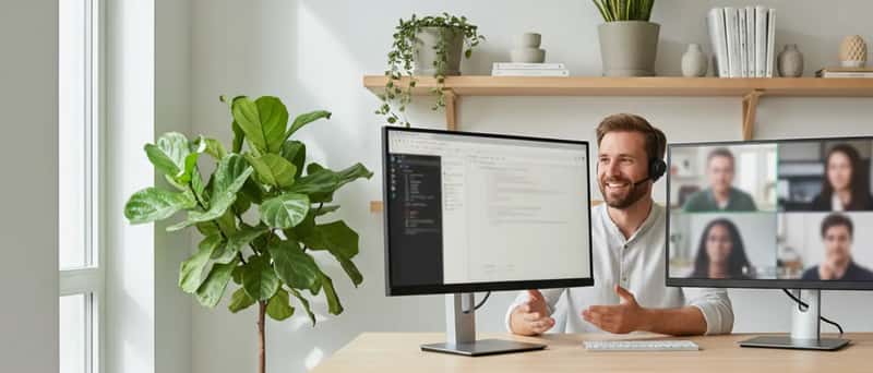 IT-tekniker med headset foran to skjermer som viser fjernstyring av en klient-PC