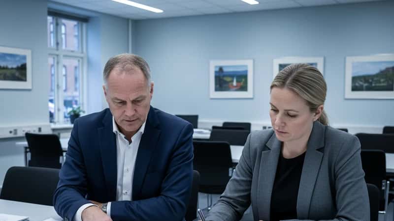 Danske medarbejdere forhandler overenskomstvilkår ved konferencebord med dokumenter og kaffekopper i offentlig institution i Odense
