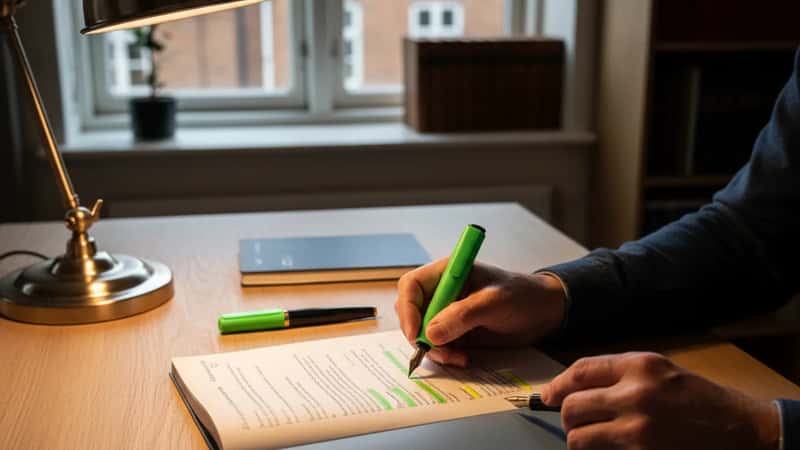 Nærbillede af danske hænder der gennemgår og markerer paragraffer i overenskomstdokument på egetræsbord med skrivebordslampe i Aarhus