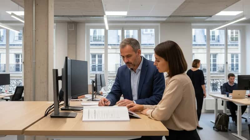 Salarié français discutant d un projet de formation avec son responsable RH dans un open-space à Lyon