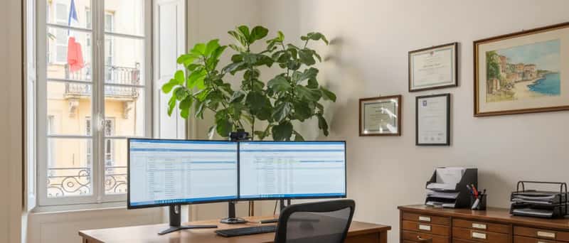 Studio di consulente del lavoro con monitor e software gestionale paghe, certificati professionali alla parete