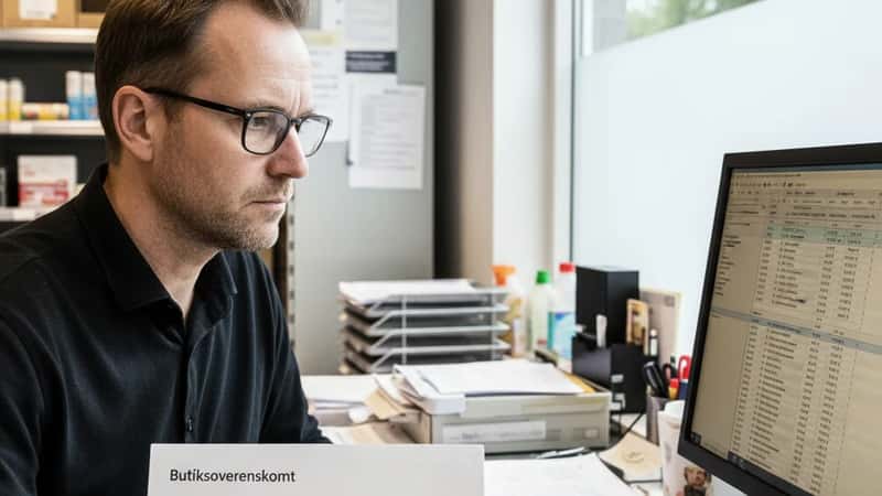 HR-administrator opdaterer løndata i supermarkedets back-office med Butiksoverenskomst-hæfte i Aarhus