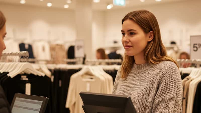 Ung butiksansat ved kasseapparatet i en tøjbutik i forstaden til København om aftenen
