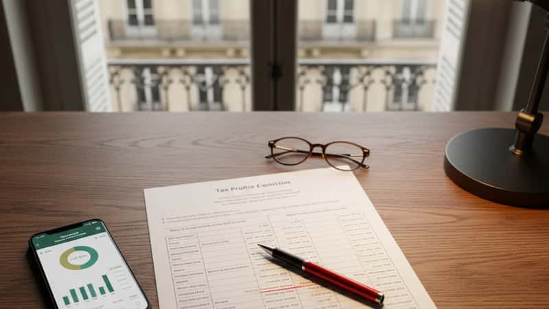 Bureau de conseiller fiscal à Bordeaux avec tableau comparatif de profils d'imposition CDHR annoté en rouge