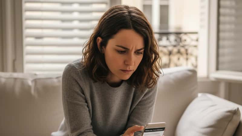 Portland Oregon worker checking Oregon BOLI sick leave information on her phone at home while feeling unwell