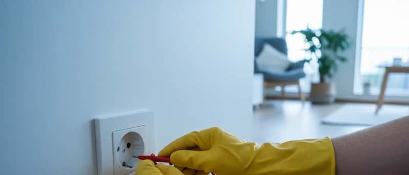 Electrician hands in yellow safety gloves testing a wall outlet with a digital multimeter in an Icelandic home