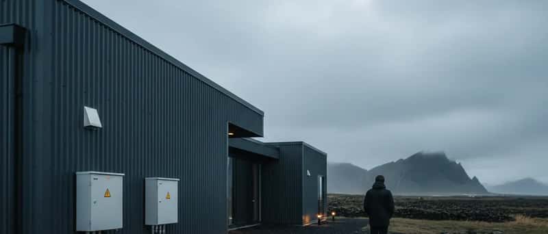 Modern Icelandic house with weatherproof outdoor electrical fixtures and LED pathway lights under an overcast Nordic sky