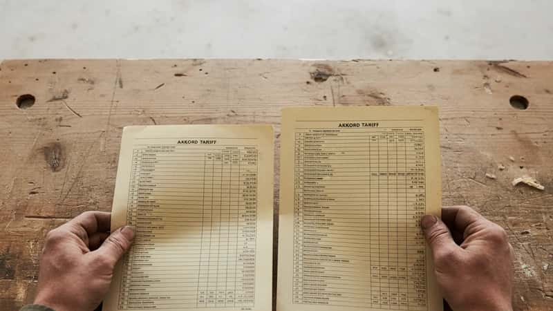 Nærbilde av norske bygningsarbeiderhender som sammenligner akkordtariff-dokumenter på arbeidsbenk i Drammen