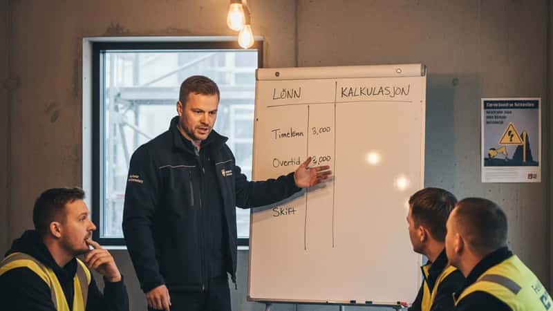 Fagforeningsrepresentant forklarer lønnsskjema til bygningsarbeidere i Oslos-kantine
