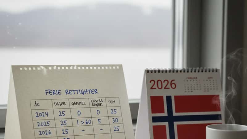 Sammenligningstabellen over ferierettigheter under IT-overenskomsten og ferieloven vist på papir ved norsk skrivebord