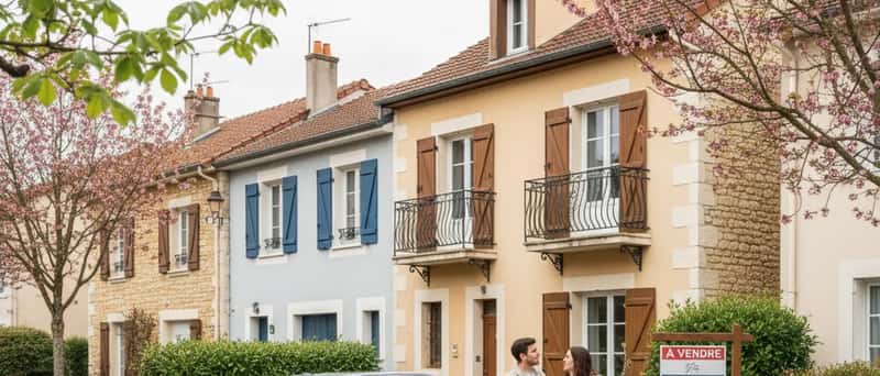 Norsk boliggate med tradisjonelle trehus og til-salgs-skilt fra eiendomsmegler