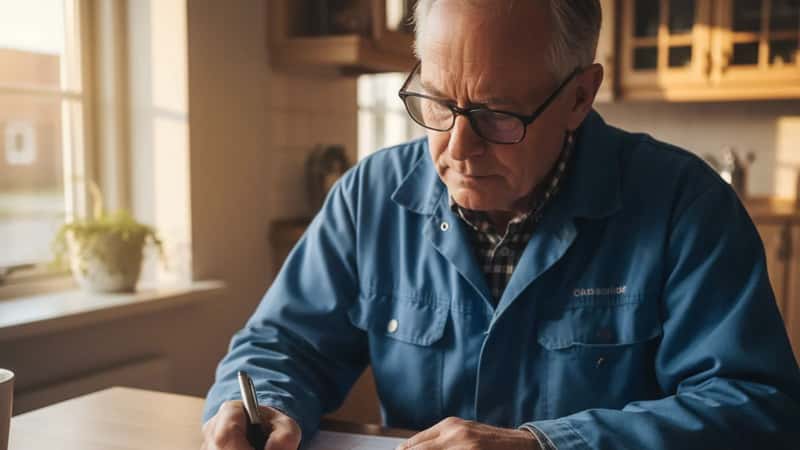 Dansk seniorfabriksmedarbejder planlægger seniordage ved hjemme-køkkenbord i Esbjerg