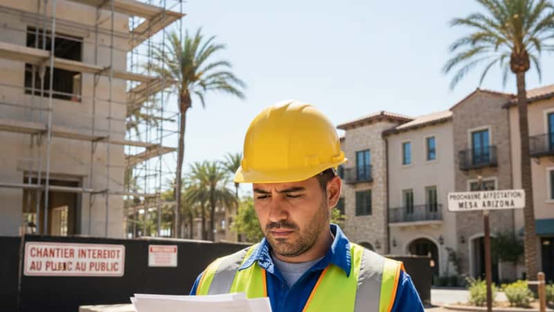 Mesa, Arizona construction worker reviewing his pay stub outside a job site in the afternoon sun