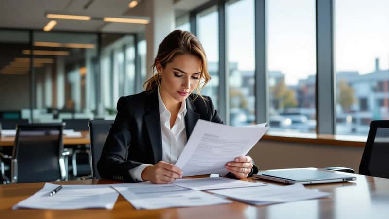 Nederlandse vrouw bestudeert arbeidscontract aan vergadertafel in een kantoor in Den Haag