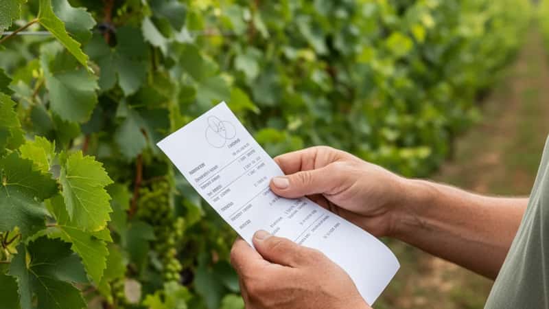 Mani di un lavoratore agricolo italiano tengono un cedolino paga davanti a filari di viti in provincia di Verona