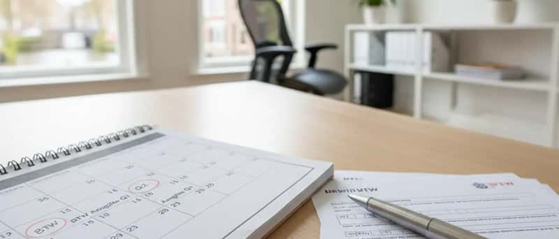 Btw-kalender met gemarkeerde deadlines en aangifteformulieren op een houten bureau