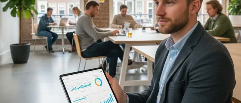 Nederlandse ondernemer bekijkt boekhoudsoftware met grafieken op tablet in co-werkruimte